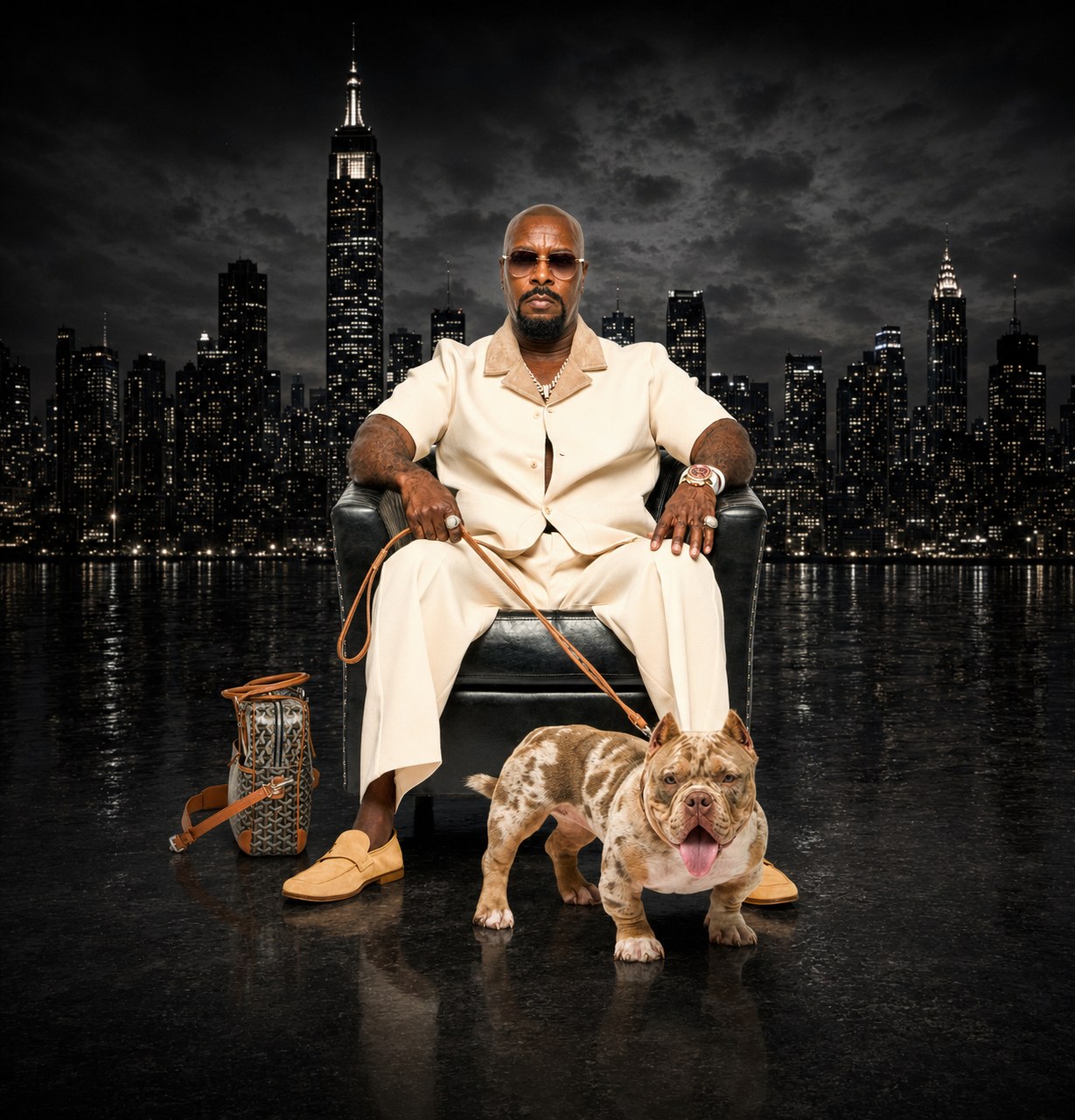 Boss D seated in a leather armchair with his American Bully on a lead